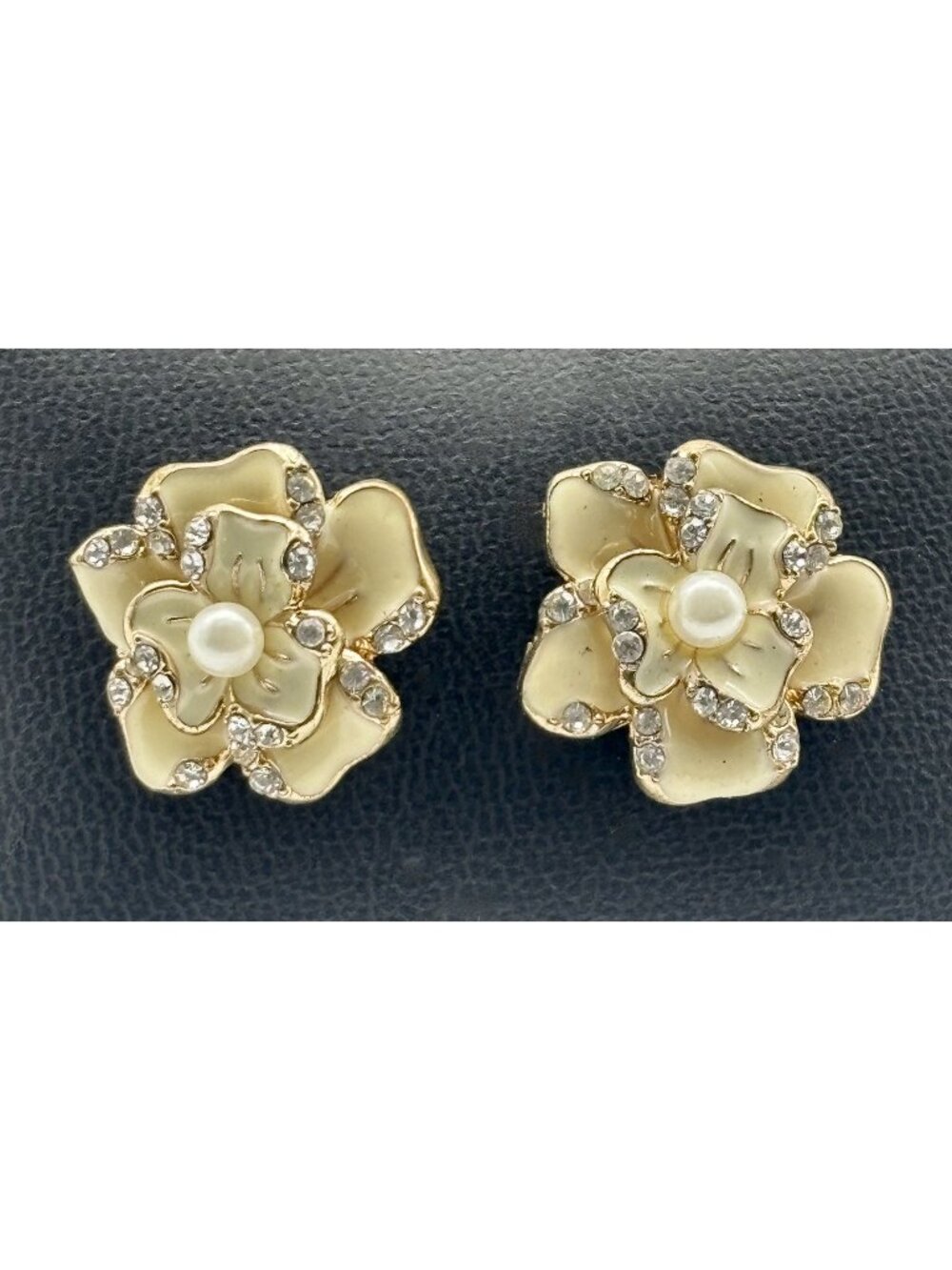 Vintage Enameled Dogwood Post Earrings Cream Enamel Faux Pearl Clear Rhinestones